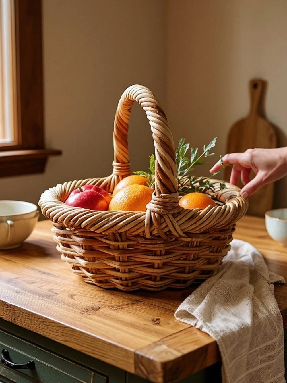 Crate & Barrel Woven Wicker Harvesting Kitchen Basket with Handle